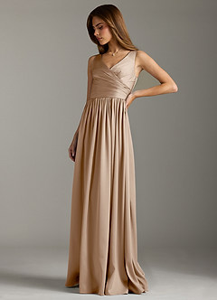 Azazie Keyla Bridesmaid Dresses Taupe A-Line Pleated Stretch Satin Dress image6