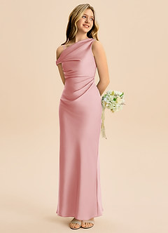 Azazie Emerson Junior Powder Pink Sheath Off the Shoulder Stretch Satin Dress image6