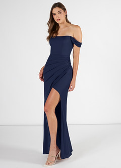 Azazie Kit Bridesmaid Dresses Dark Navy Mermaid Off the Shoulder Mesh Dress image3