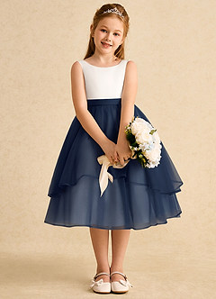 Azazie Rene Flower Girl Dresses Ivory Dark Navy A-Line Bow Tulle Dress image6