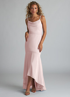 Azazie Summer Bridesmaid Dresses Blushing Pink Mermaid Scoop Cowl Chiffon Dress image1