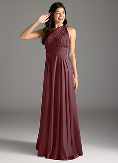 Azazie Charlize Bridesmaid Dresses Sangria A-Line One Shoulder Stretch Satin Dress image1