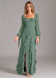 Azazie Candice Bridesmaid Dresses Eucalyptus A-Line Long Sleeve Chiffon Dress image1