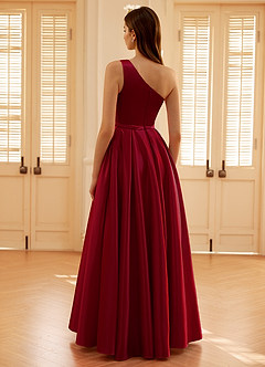 Millie Burgundy One Shoulder A-line Satin Prom Dress image9