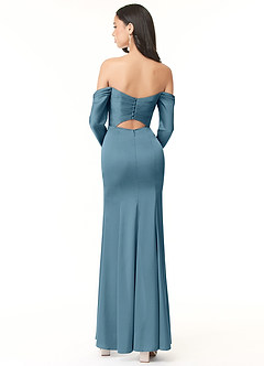Azazie Hallie Jurken voor bruidsmeisjes Converteerbaar Jurk van Stretch Satijn met Kolom Off-the-shoulder lange mouw Bermuda image4