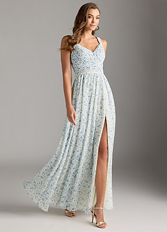 Azazie Chanel Bridesmaid Dresses Blue And White Ditsy Floral A-Line Pleated Chiffon Dress image4