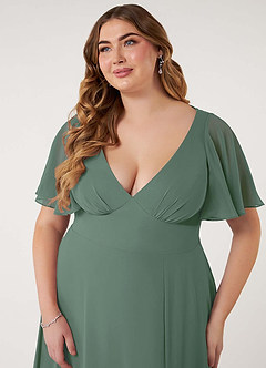 Azazie Kimber Vestidos de damas de honor Vestido de Eucalipto de Gasa de Corte en A con Manga volante image13