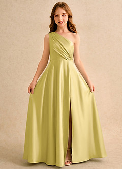 Azazie Puddles Girls Formal Robe Demoiselle D'honneur Fillette Robe Trapèze en Satin extensible Asymétrique Canari image5