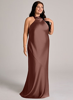 Azazie Velli At-home Try On Dresses Dusty Sage Mermaid High Neck Stretch Satin Dress image12