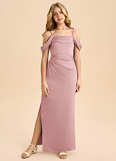 Azazie Saige Junior Osłona Zza ramienia Satyna elastyczna Długość podłogi Młodsza druhna Sukienka image3