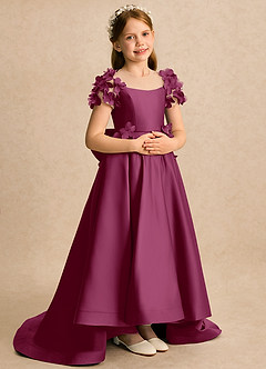 Azazie Charity Flower Girl Dresses Mulberry A-Line with Sleeves Matte Satin Dress image4