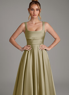 Azazie Azaria Vestidos de damas de honor Vestido Musgo Verde de Satén Elástico de Línea A con Corsé image6