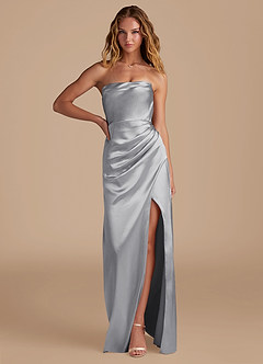 Azazie Leonis Vestidos de damas de honor Vestido de Plata de Satén Metálico de Corte Sirena Convertible con Plisado image1