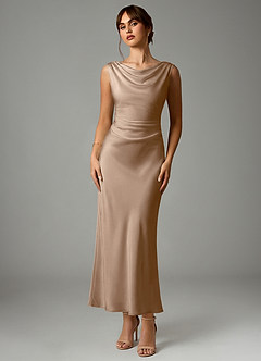 Azazie Kieryn Robes de demoiselle d'honneur Robe Sirène en Satin extensible Plissée Taupe image1