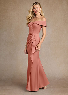 Azazie Laredo Mother of the Bride Dresses Salmon Pink Mermaid Off the Shoulder Stretch Satin Dress image5