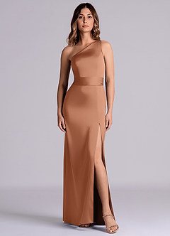 Azazie Philana 신부 들러리 드레스 A라인 한쪽 어깨 스트레치 새틴 바닥 길이 드레스 image8