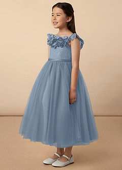 Azazie Demetra Flower Girl Dresses Dusty Blue A-Line Lace Tulle Dress image2