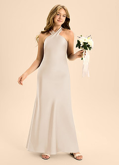 Azazie Doretta Junior White Alabaster A-Line Pleated Stretch Satin Dress image5