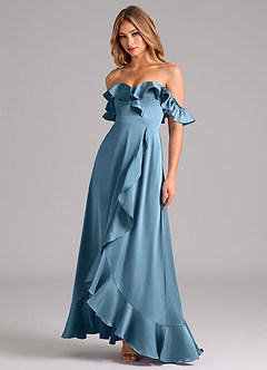 Azazie Lyra Bridesmaid Dresses Steel Blue A-Line Off the Shoulder Stretch Satin Convertible Dress image4