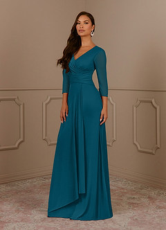 Azazie Annetta Mother of the Bride Dresses Ink Blue A-Line V-Neck Pleated Mesh Dress image2