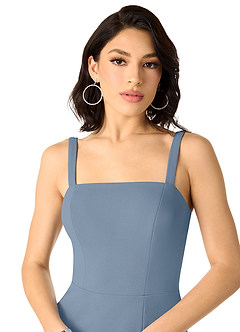 Azazie Gianetta Robes de demoiselle d'honneur Robe Sirène en Crêpe Élastique Fente Latérale Bleu Poussiéreux image4
