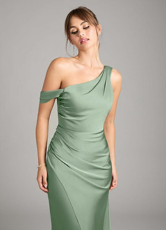 Azazie Madelyn Vestidos de damas de honor Vestido de Matcha de Satén Elástico de Corte Sirena Convertible con Hombro unilateral image4