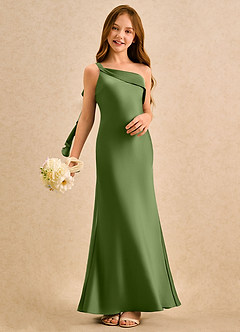 Azazie Almond Girls Formal Robe Demoiselle D'honneur Fillette Robe Fourreau en Satin extensible Une épaule Genévrier image2