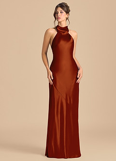 Azazie Velli 신부 들러리 드레스 쉬스 하이넥 메탈릭 새틴 바닥 길이 드레스 image2