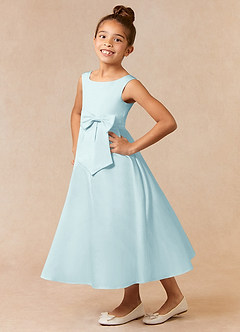 Azazie Lindy Flower Girl Dresses Sea Glass A-Line Pleated Matte Satin Dress image1