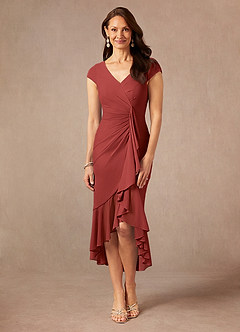 Azazie Renetta Mother of the Bride Dresses Rust Sheath V-Neck Pleated Mesh Dress image4