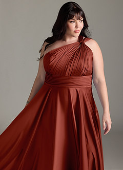 Azazie Charlize Robes de demoiselle d'honneur Robe Trapèze en Satin extensible Ue épaule Terracotta image7