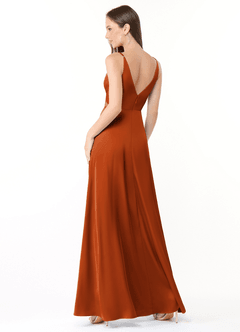 Azazie Dalilah Bridesmaid Dresses Burnt Orange A-Line V-Neck Pleated Stretch Satin Dress image2
