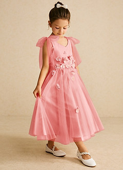 Azazie Minia vestidos de niña de las flores Vestido de Coral de Satin Mate de Corte En A con Lazo image3