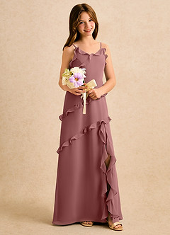 Azazie Lola Girls Formal vestidos de niña de las flores Vestido de Rosa Del Desierto de Gasa de Corte en A con Volante image4
