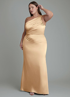 Azazie Akilah Bridesmaid Dresses Champagne Mermaid One Shoulder Stretch Satin Dress image3