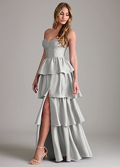 Azazie Faye Vestidos de damas de honor Vestido de Plata de Satén Elástico de Corte en A con Volante image3