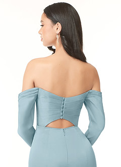 Azazie Hallie Bridesmaid Dresses Moody Blue Sheath Off-The-Shoulder Long Sleeve Stretch Satin Convertible Dress image7