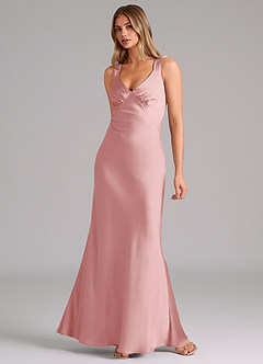 Azazie Kamila Bridesmaid Dresses Powder Pink A-Line Pleated Stretch Satin Dress image3