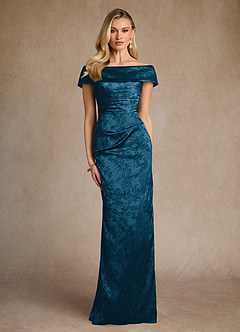 Azazie Kenosha Mother of the Bride Dresses Navy Black Sheath Off the Shoulder Floral Jacquard Dress image1