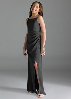 Azazie Leonis Junior Black A-Line Pleated Stretch Satin Dress image4