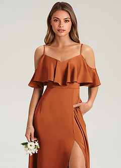 Azazie Jean Bridesmaid Dresses Cinnamon A-Line Off the Shoulder Stretch Satin Dress image6