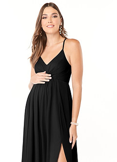 Azazie Annabelle vestidos de dama de honor de maternidad Vestido de Acampanado Cuello en V plisado Largo hasta el piso Malla image6