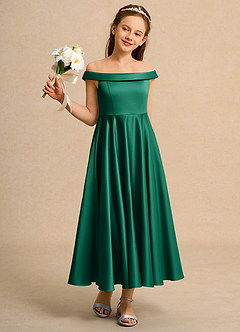 Azazie Teeny Junior Formal Jurken voor bloemenmeisjes A-Lijn Jurk van Mat Satijn Geplooid Smaragd image5