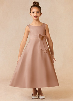 Azazie Lindy Flower Girl Dresses Champagne Rose A-Line Pleated Matte Satin Dress image2