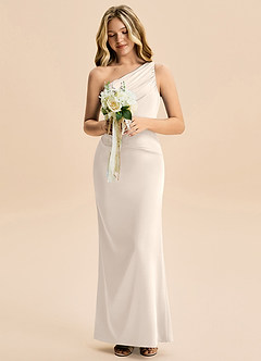 Azazie Akilah Junior White Alabaster Sheath Pleated Stretch Satin Dress image4
