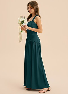 Azazie Dotty Junior Robe Trapèze en Satin extensible Plissée Vert Pin image3