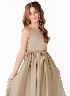 Azazie Hathaway Junior Taupe A-Line Bow Matte Satin Dress image5