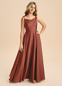 Azazie Popsy Junior Auburn A-Line Bow Stretch Satin Dress image8