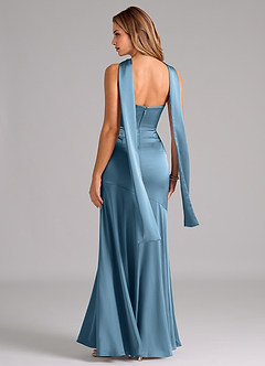 Azazie Shiloh Vestidos de damas de honor Vestido de Azul Acero de Satén Elástico de Corte Sirena Convertible con Sin tirantes image7