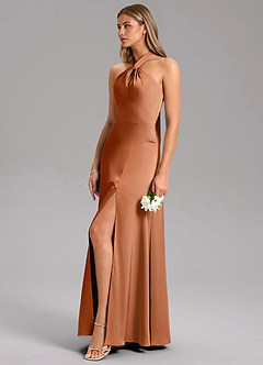 Azazie Tracie Bridesmaid Dresses Copper A-Line Side Slit Stretch Satin Dress image6